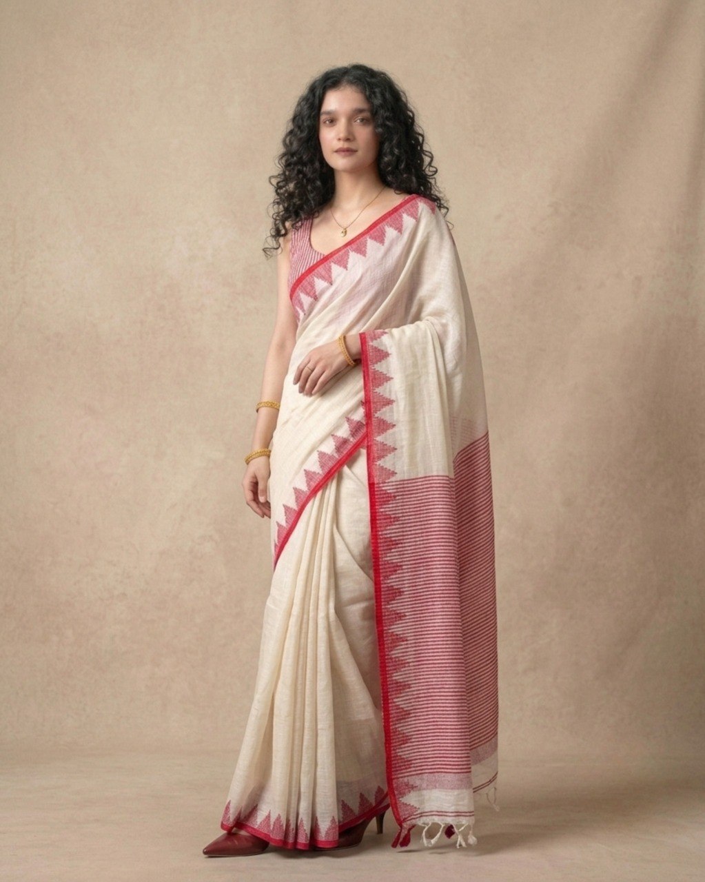 Pure linen red temple border saree