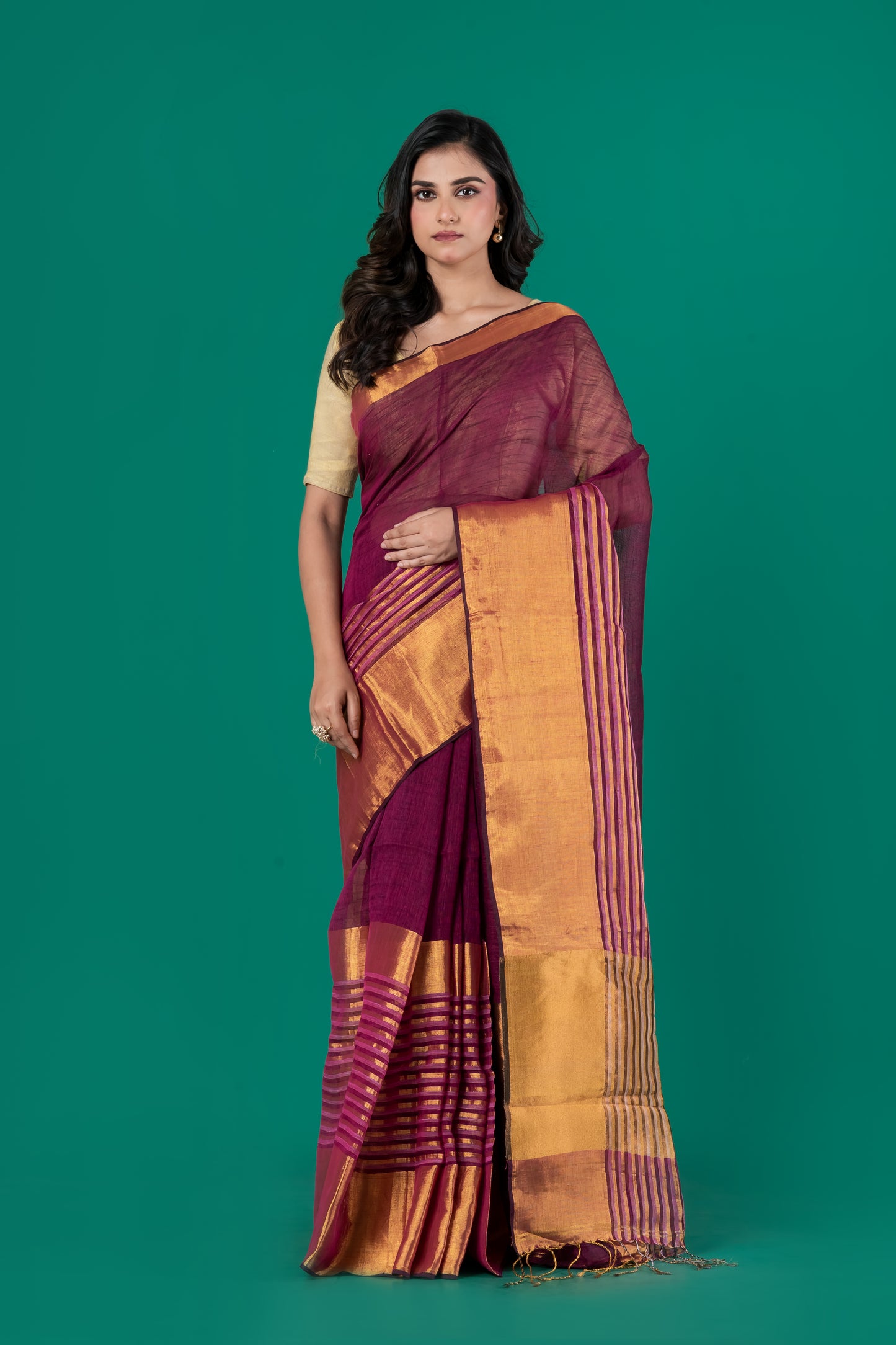 Maroon & Gold linen saree