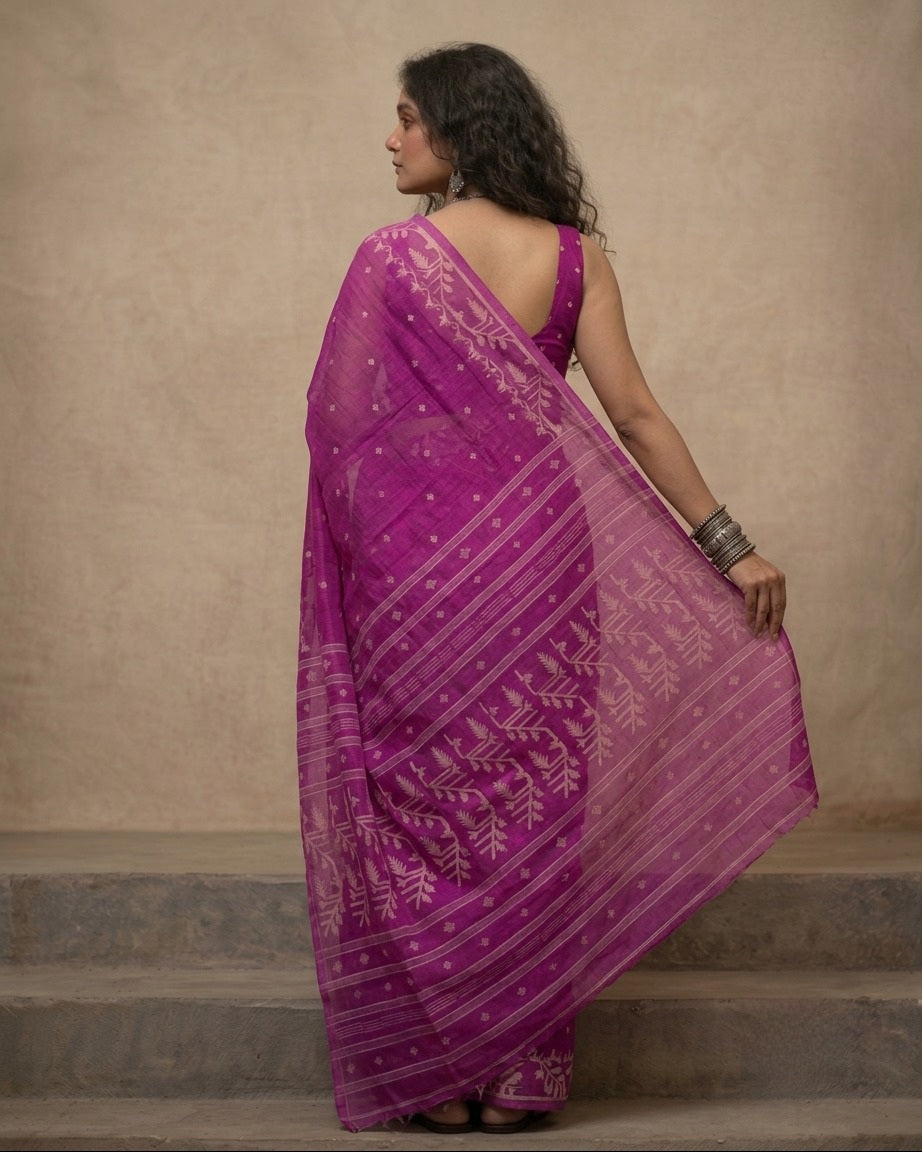 Dark pink handloom cotton jamdani saree