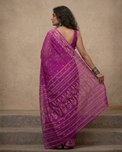Dark pink handloom cotton jamdani saree