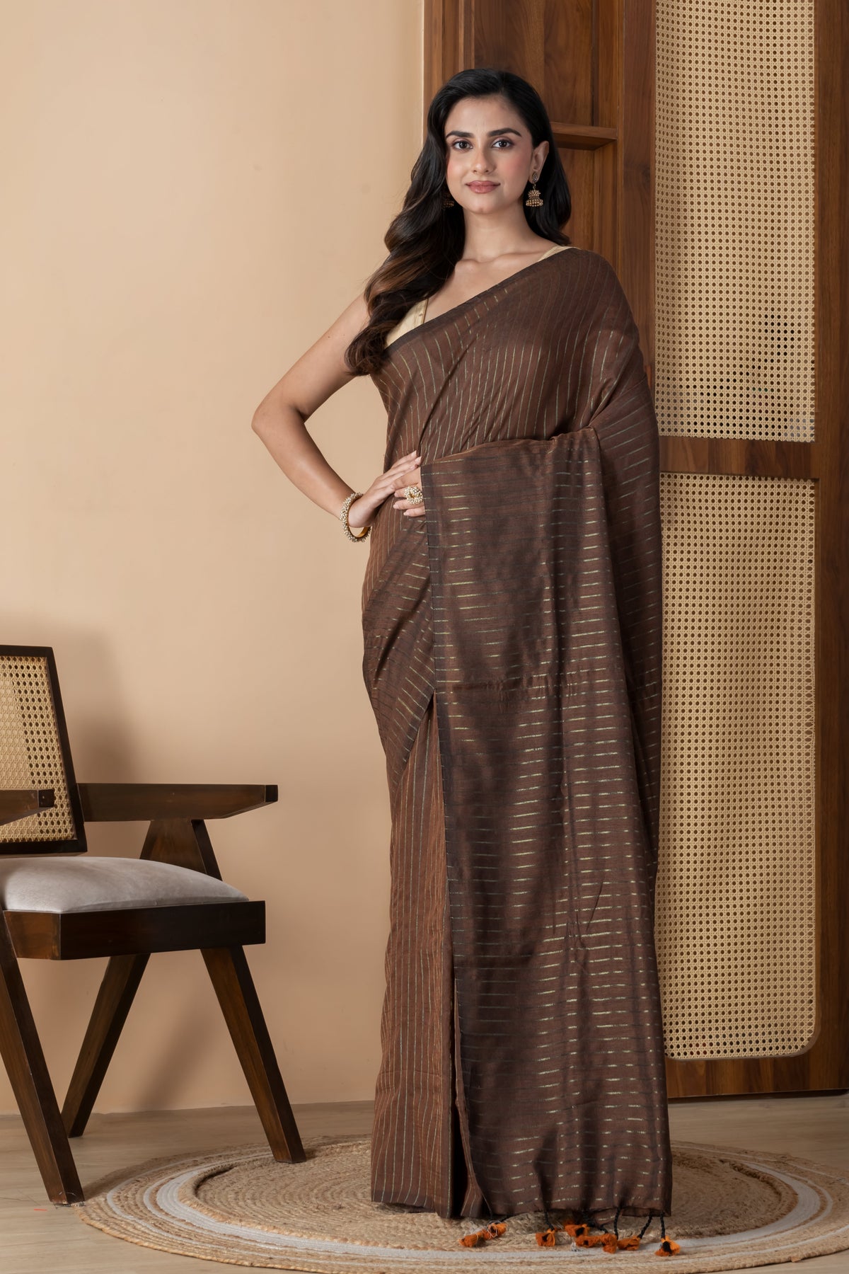 Brown striped handloom Saree