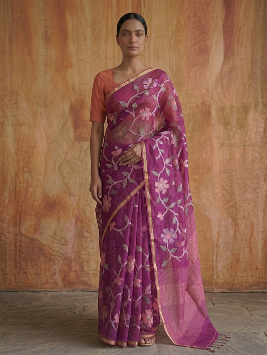 Rani pink all over jamdani resham silk saree