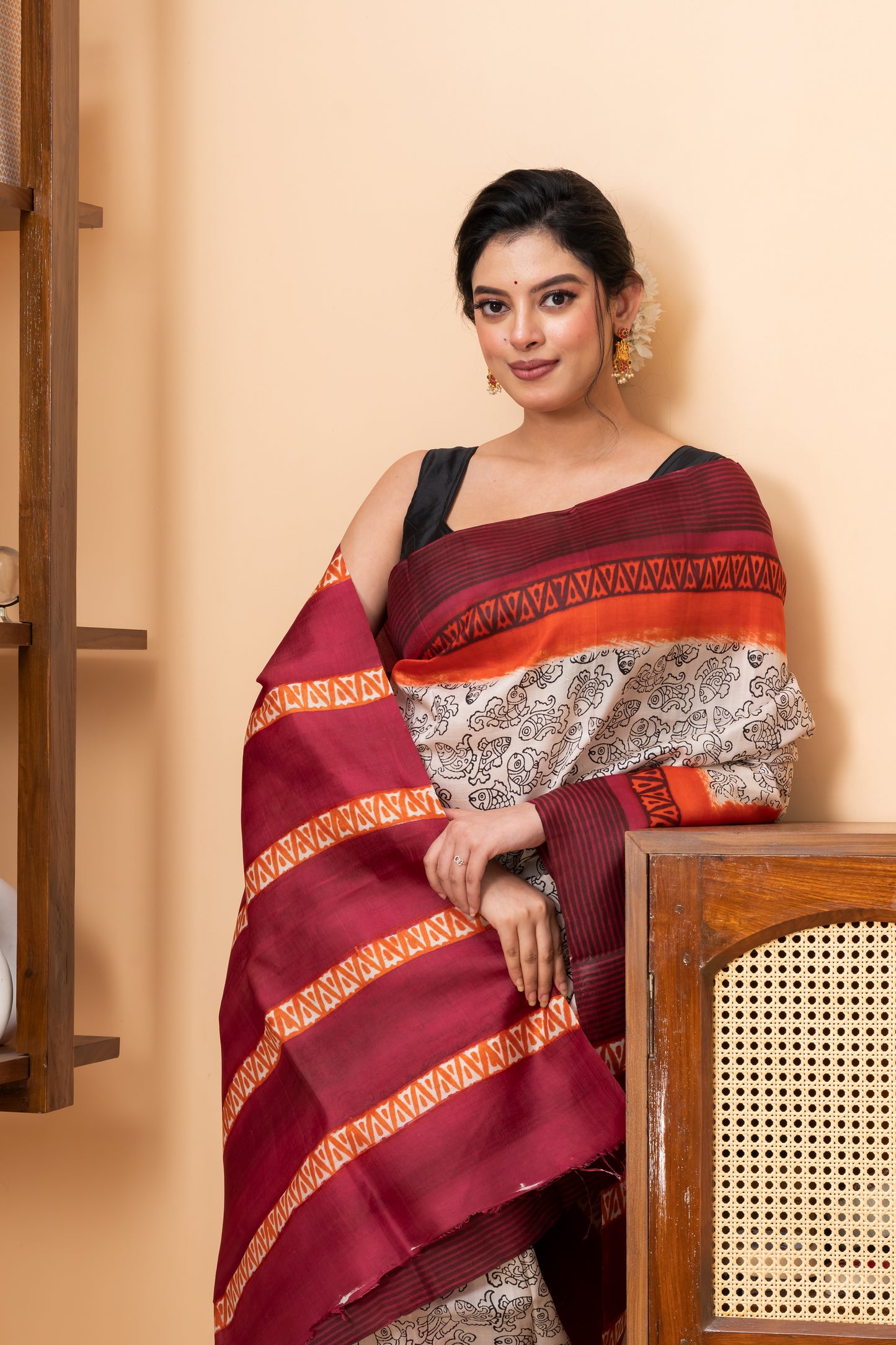 Red and orange border printed pure silk saree