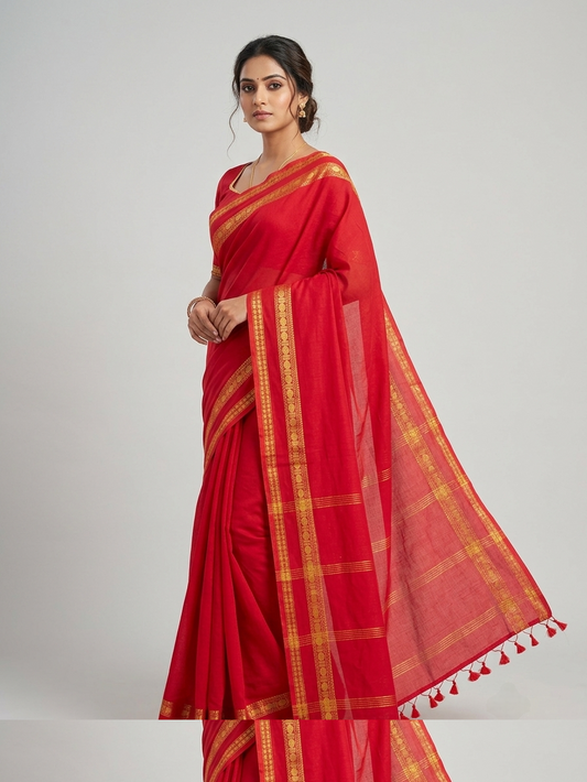 Classic red Handloom Cotton Saree with Zari Kanchi Border