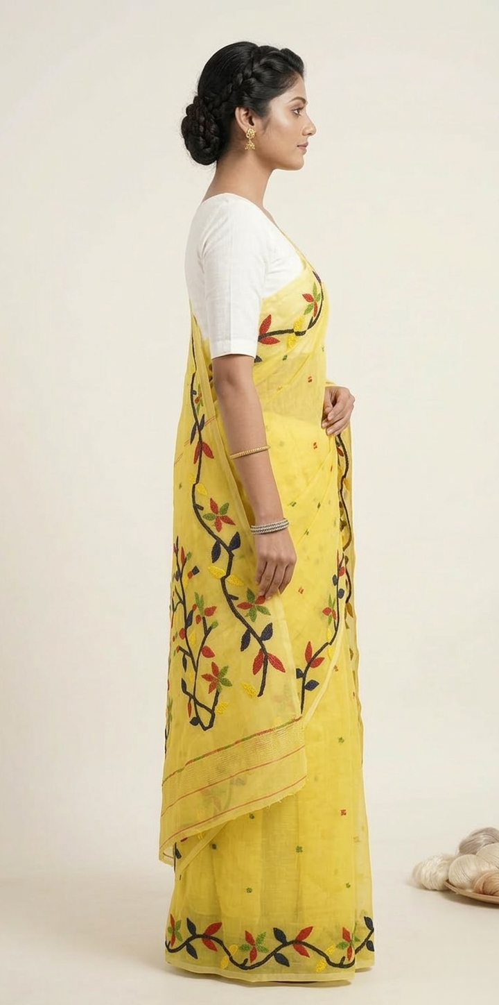 Light yellow jamdani woven resham Silk Saree
