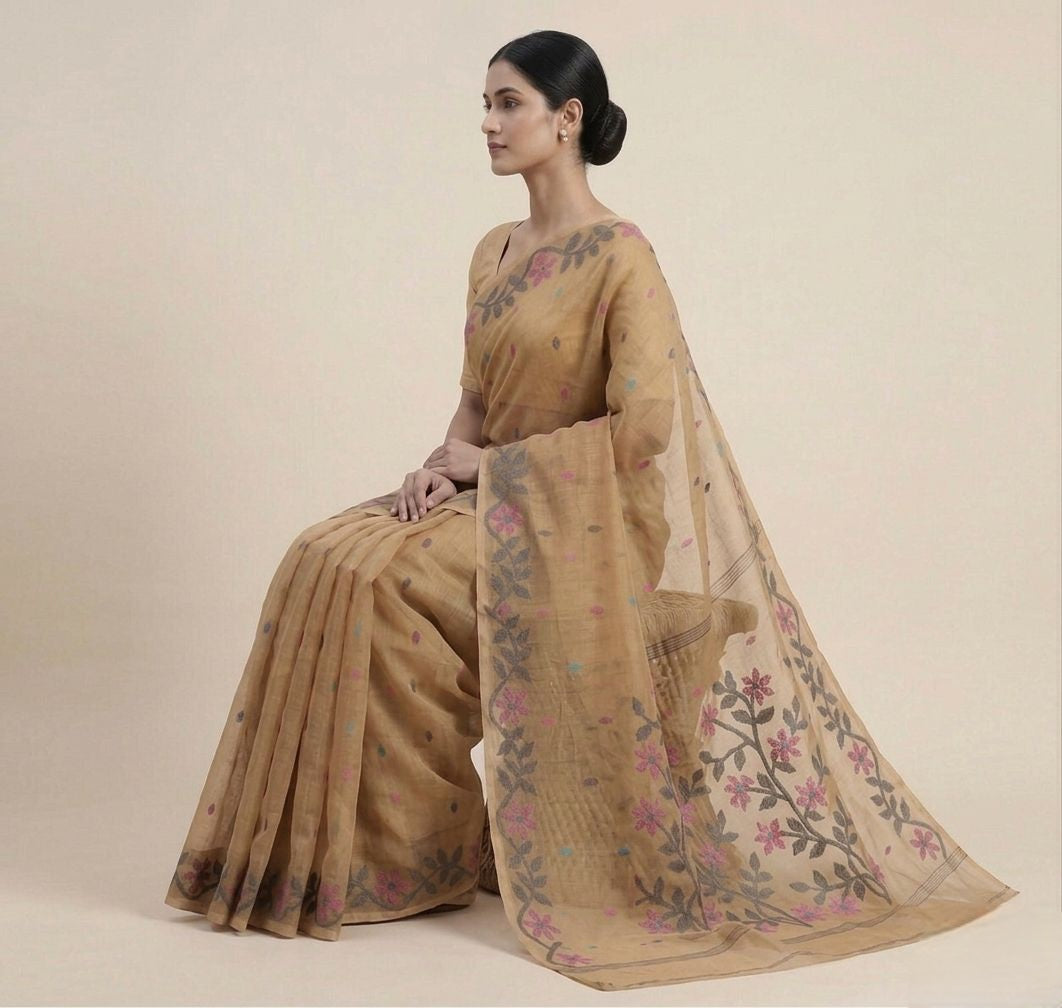 Light brown handmade jamdani pure Resham Silk