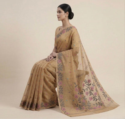 Light brown handmade jamdani pure Resham Silk