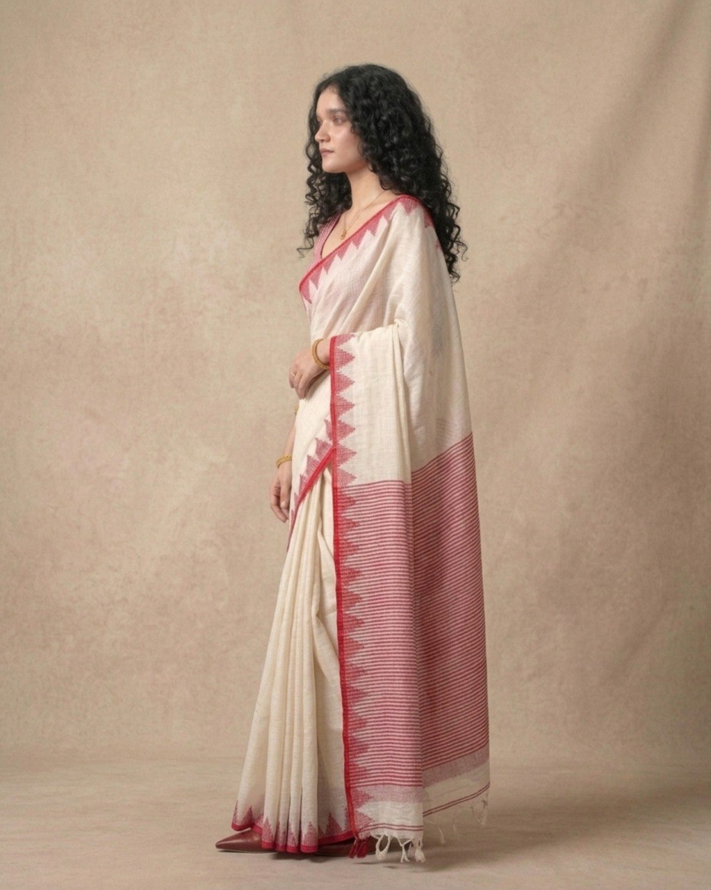 Pure linen red temple border saree