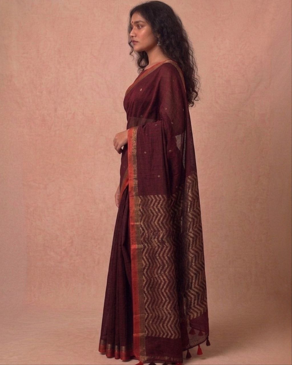Dark maroon organic cotton linen saree