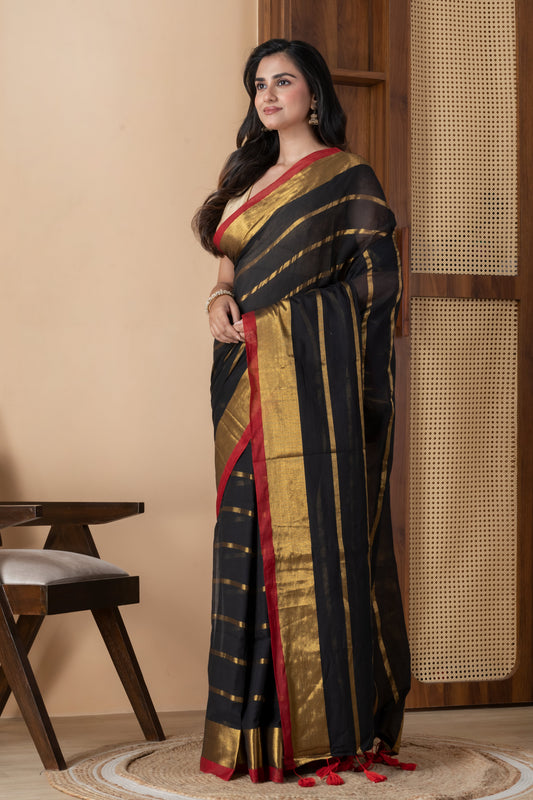 Black & Gold Zari Striped Mul Cotton Saree