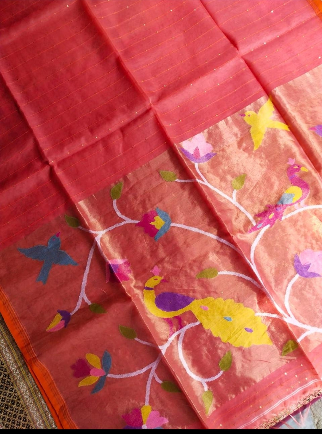 Handspun peach resham mulberry silk saree