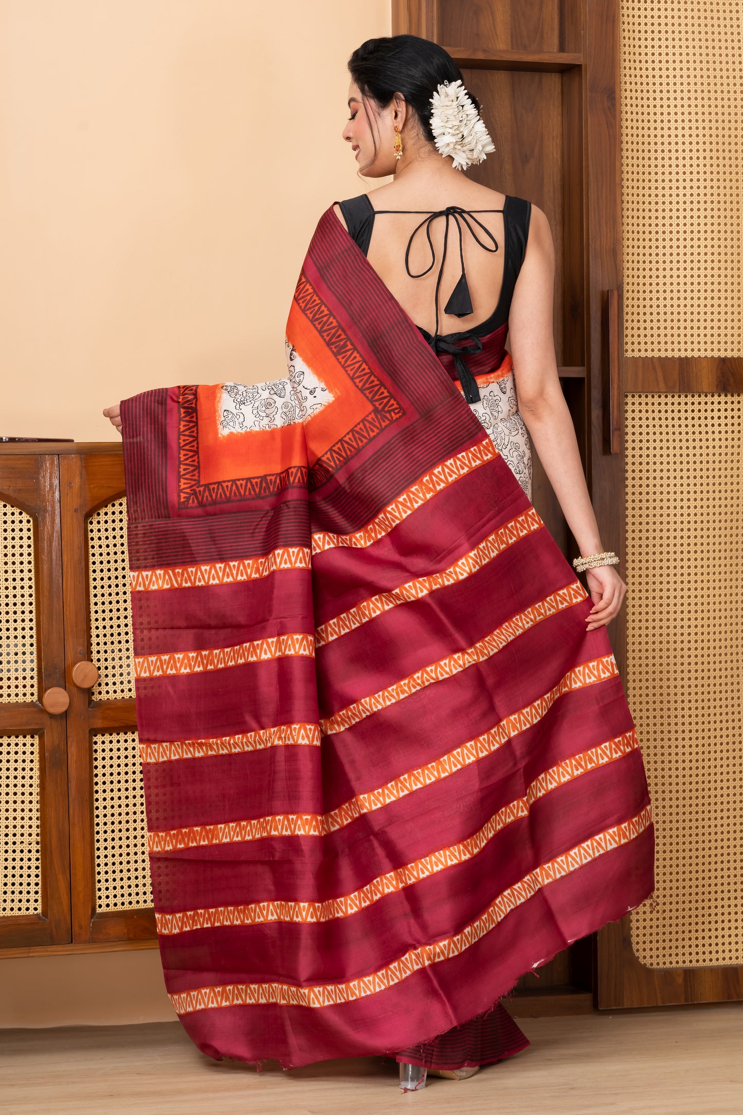 Red and orange border printed pure silk saree