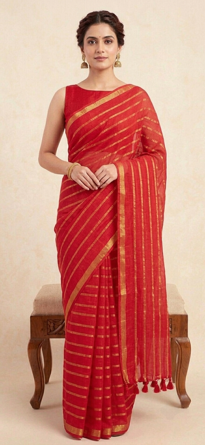 Bright red golden zari border mulmul Cotton Saree