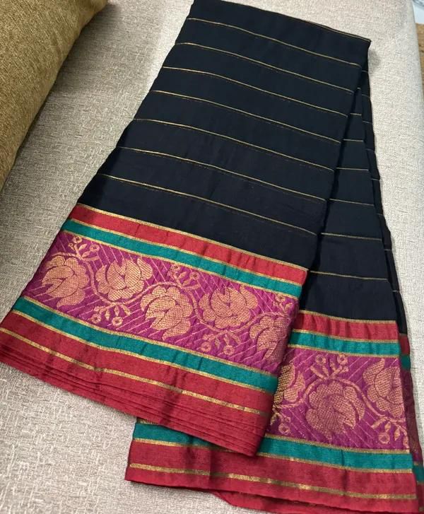 Black striped dark pink kanchi border  mulmul cotton saree