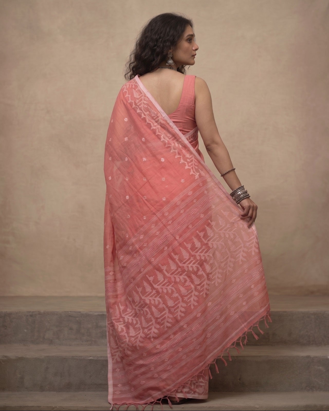 Peach handloom cotton jamdani saree