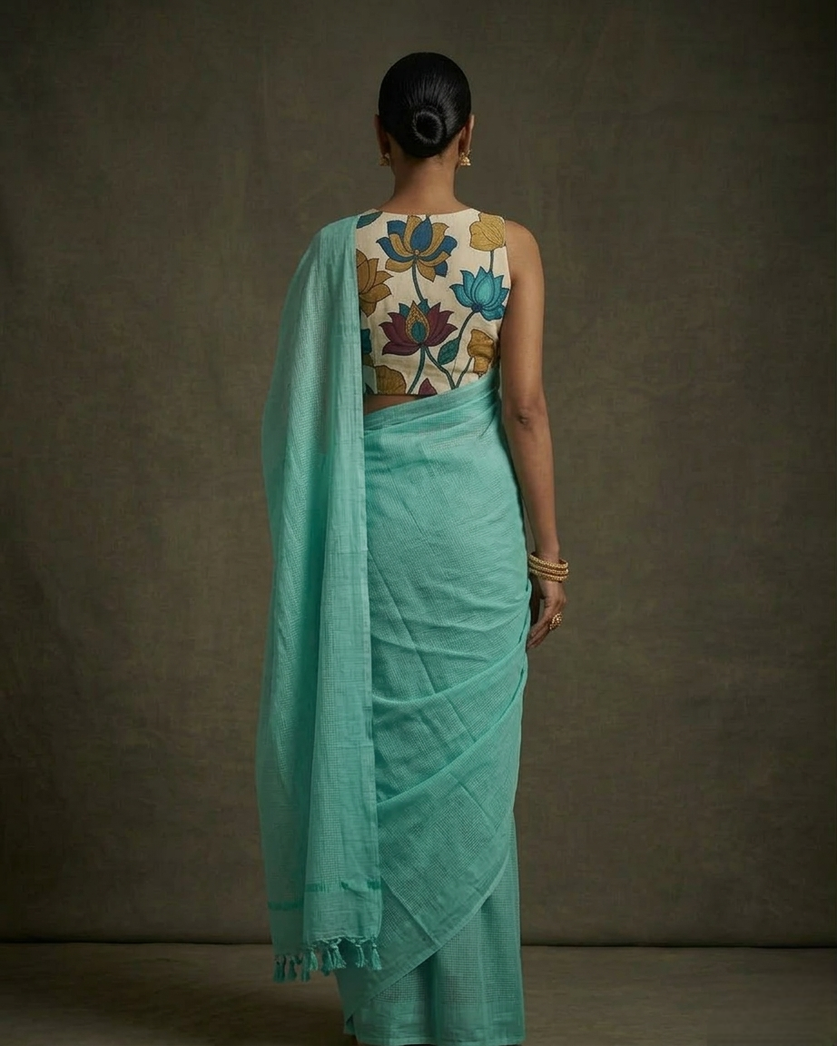 Sea-green color mangalgiri cotton sarees with hand-painted kalamkari bP