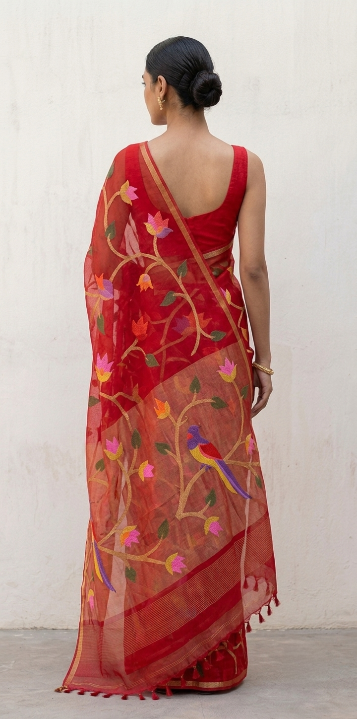 Vibrant red handspun white resham paithni silk saree