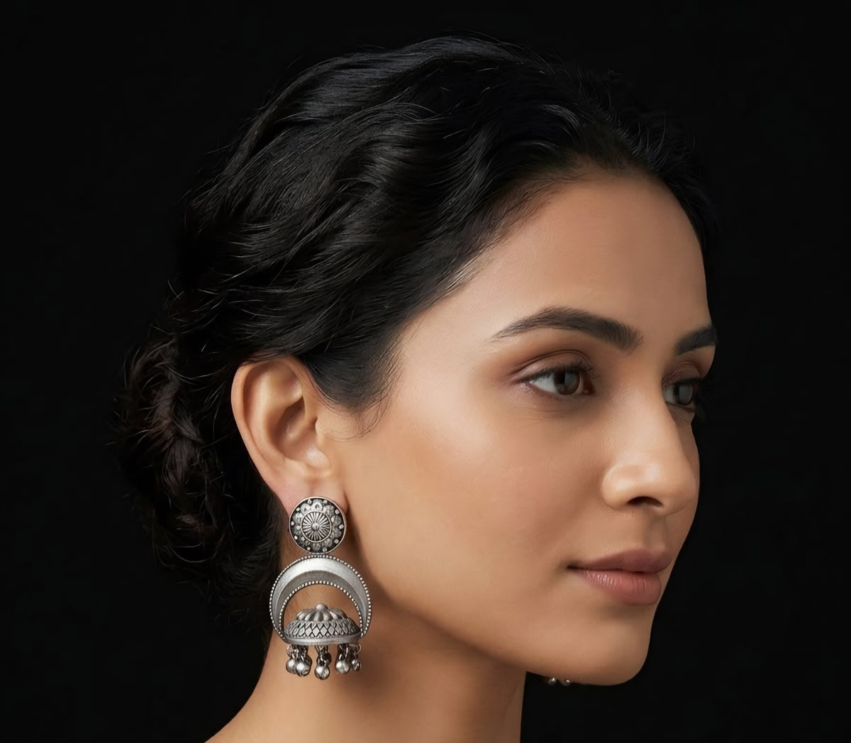 Handcrafted silver polish crescent dome jhumki earrings