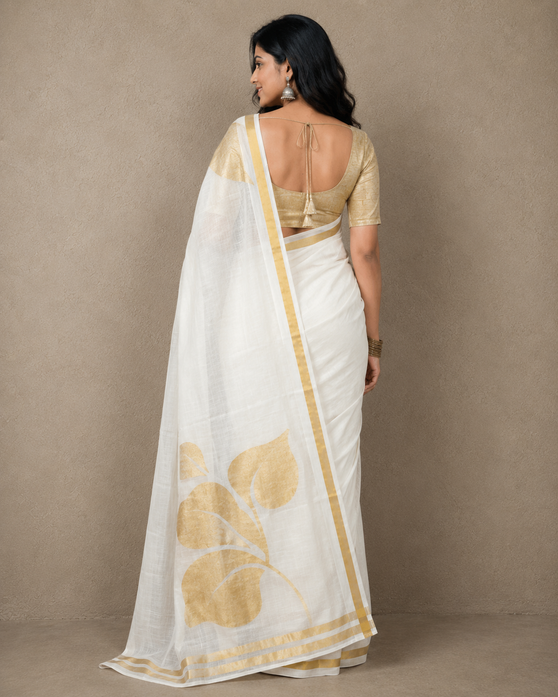 Golden flower black mulmul cotton saree