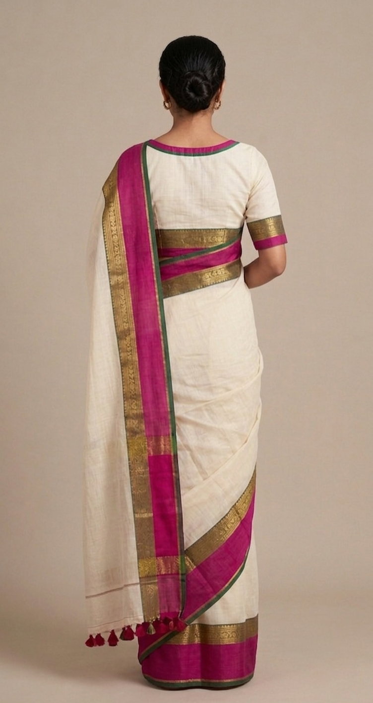 White mulmul cotton pink border saree
