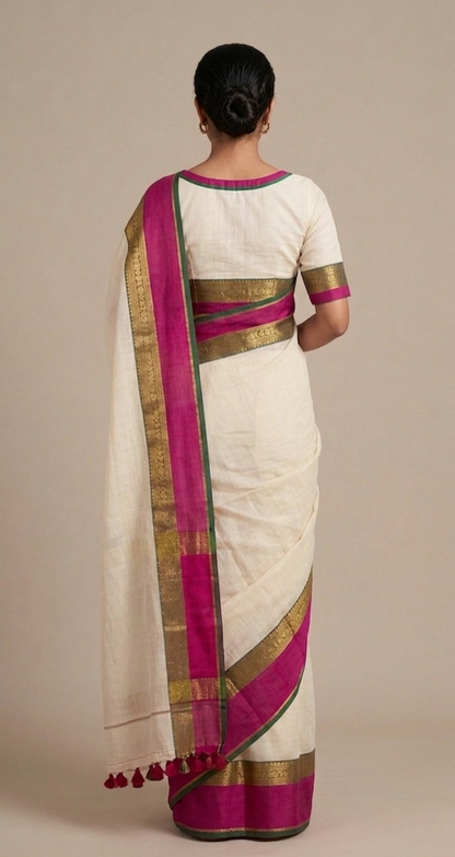 White mulmul cotton pink border saree