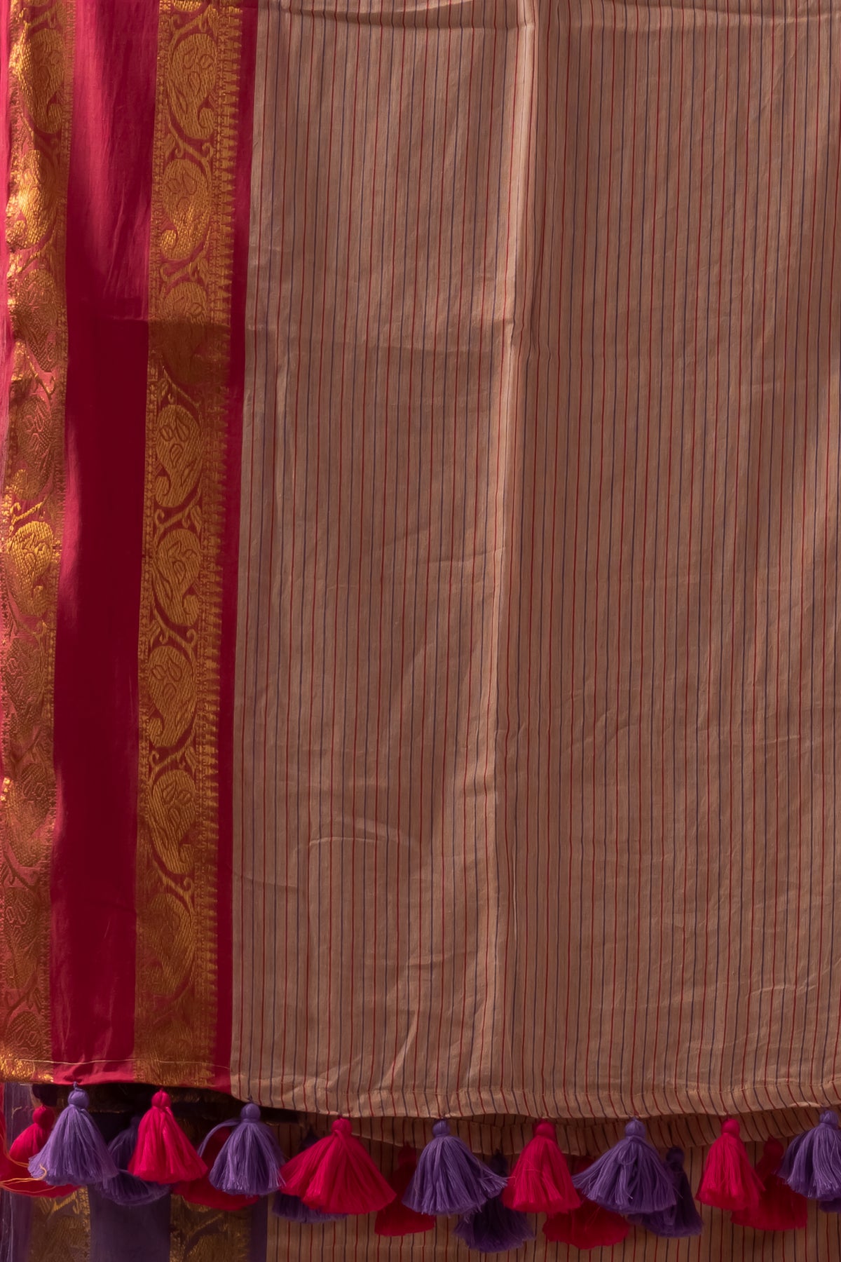 Beige Striped Mul Cotton Saree with Ganga Jamuna Border
