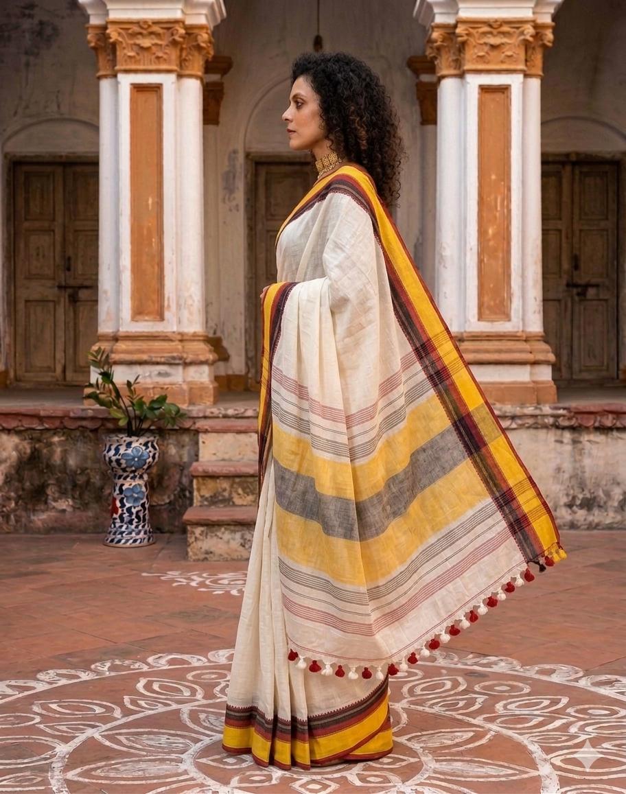 Yellow red border handspun cotton saree