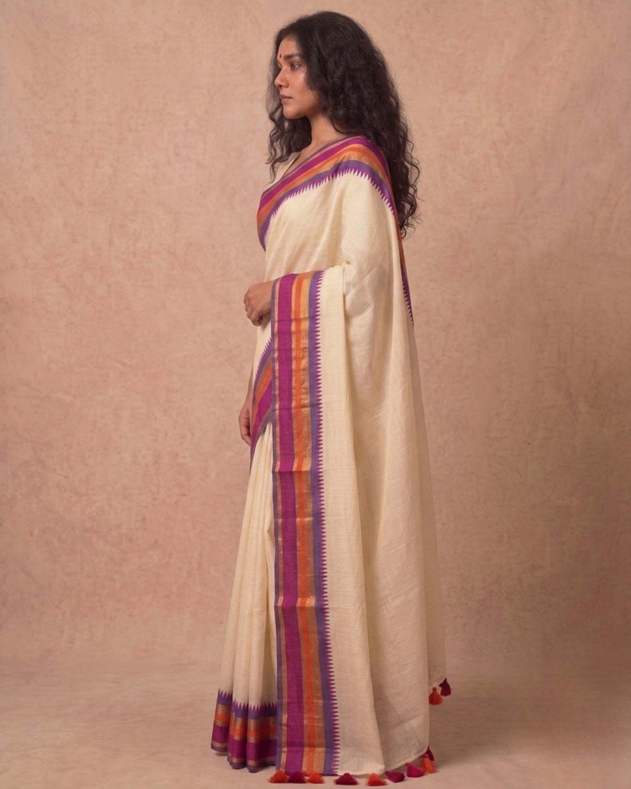 Off white purple-pink kanchi border mulmul saree