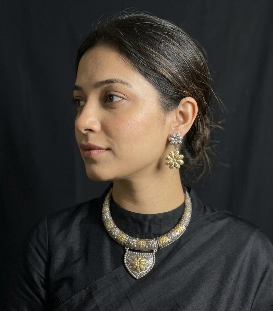Vintage Dual-Tone Floral Hashuli Choker Necklace and Earring Set