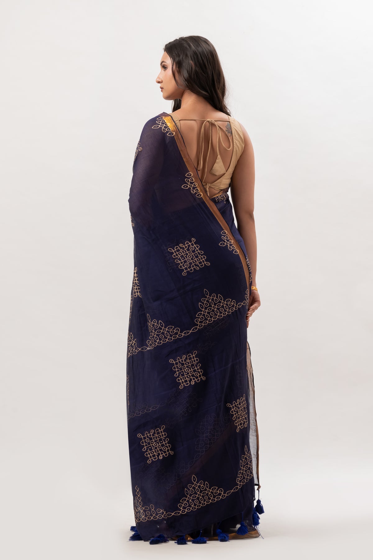 Deep Navy Blue Mul Cotton Saree with Gold Geometric Motifs