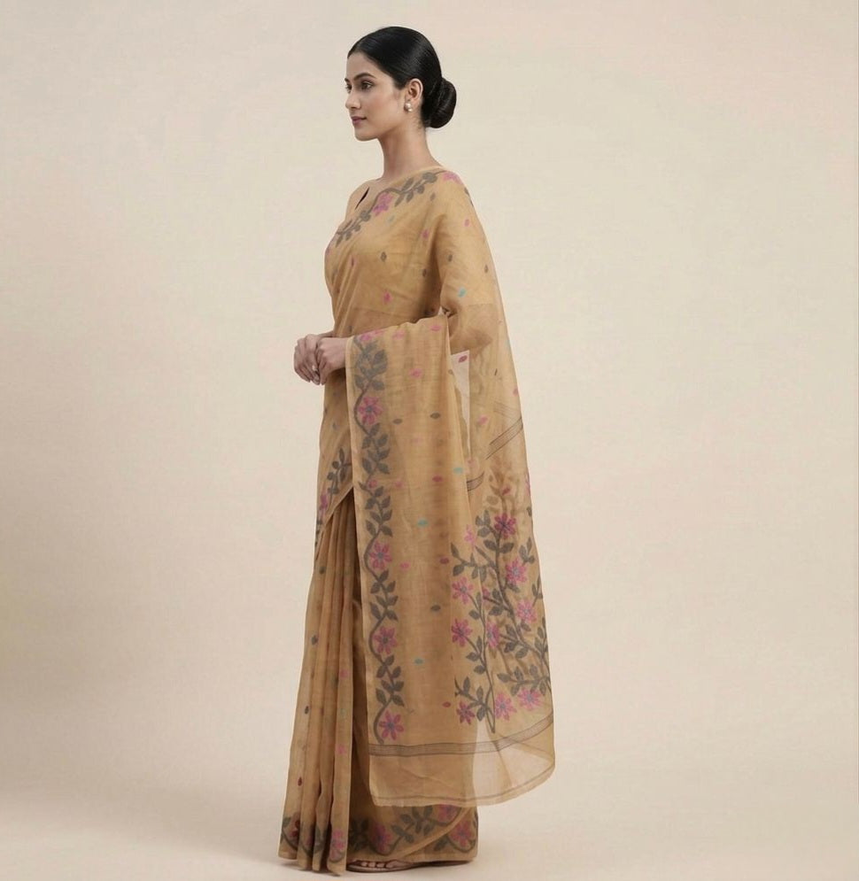Light brown handmade jamdani pure Resham Silk