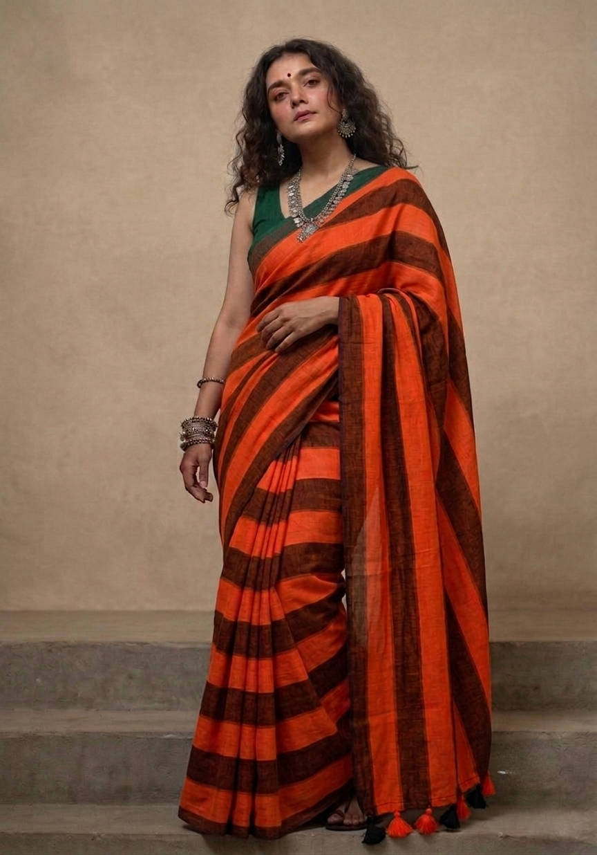 Orange n black striped mulmul cotton saree