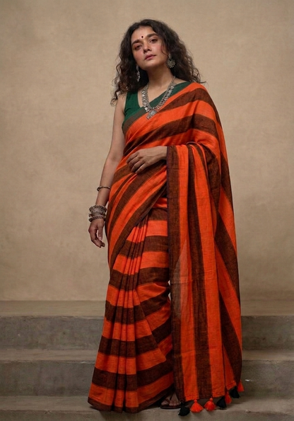 Orange n black striped mulmul cotton saree
