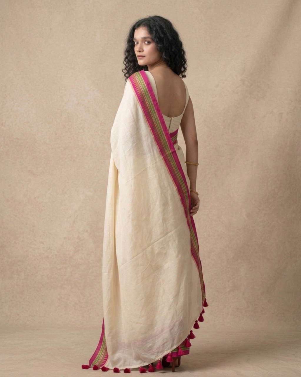 Cream Saree with Vibrant Dual-Tone Pink and Green Edging