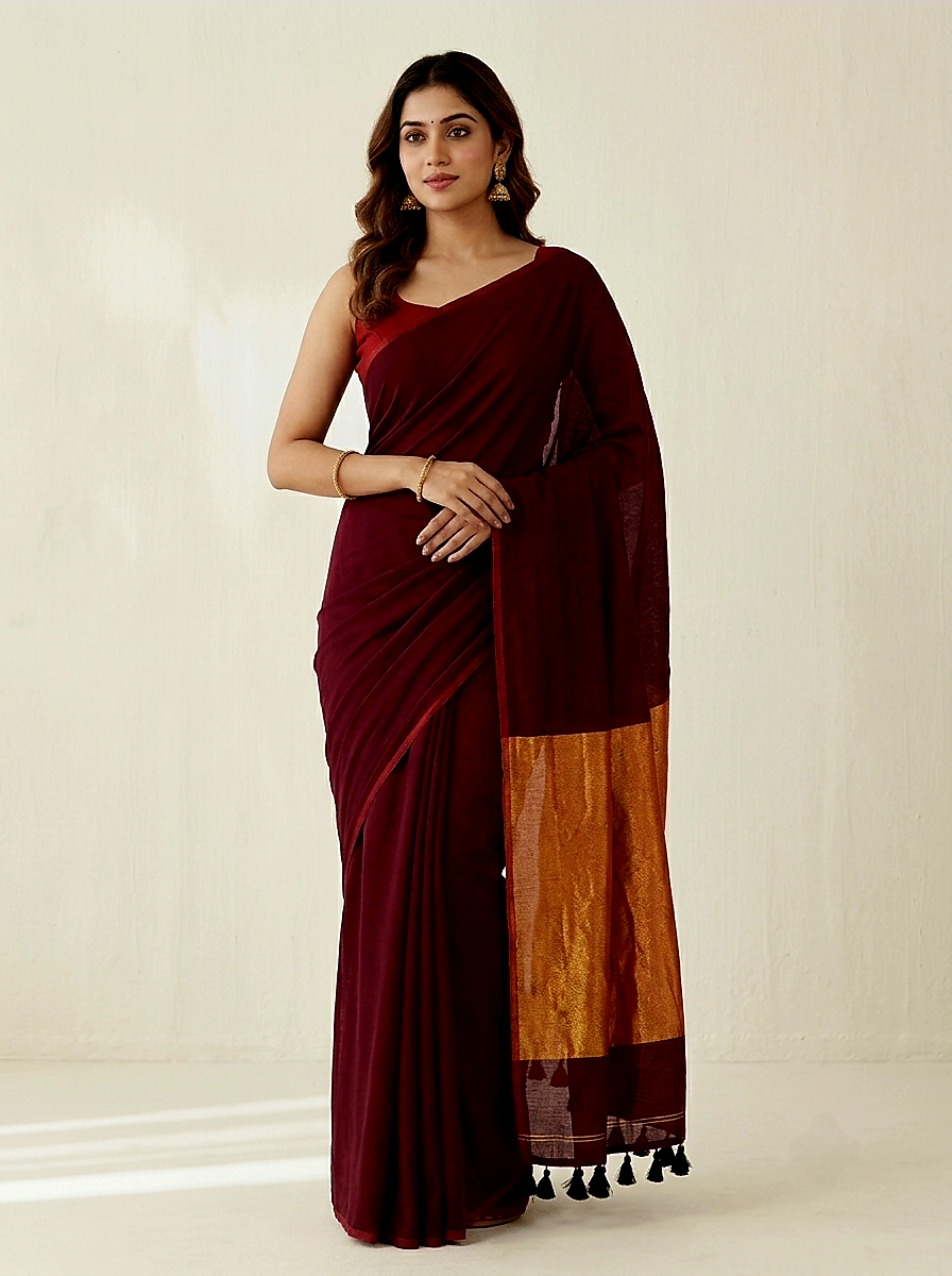 Classic maroon Mul Modal Saree with Rich Zari Pallu