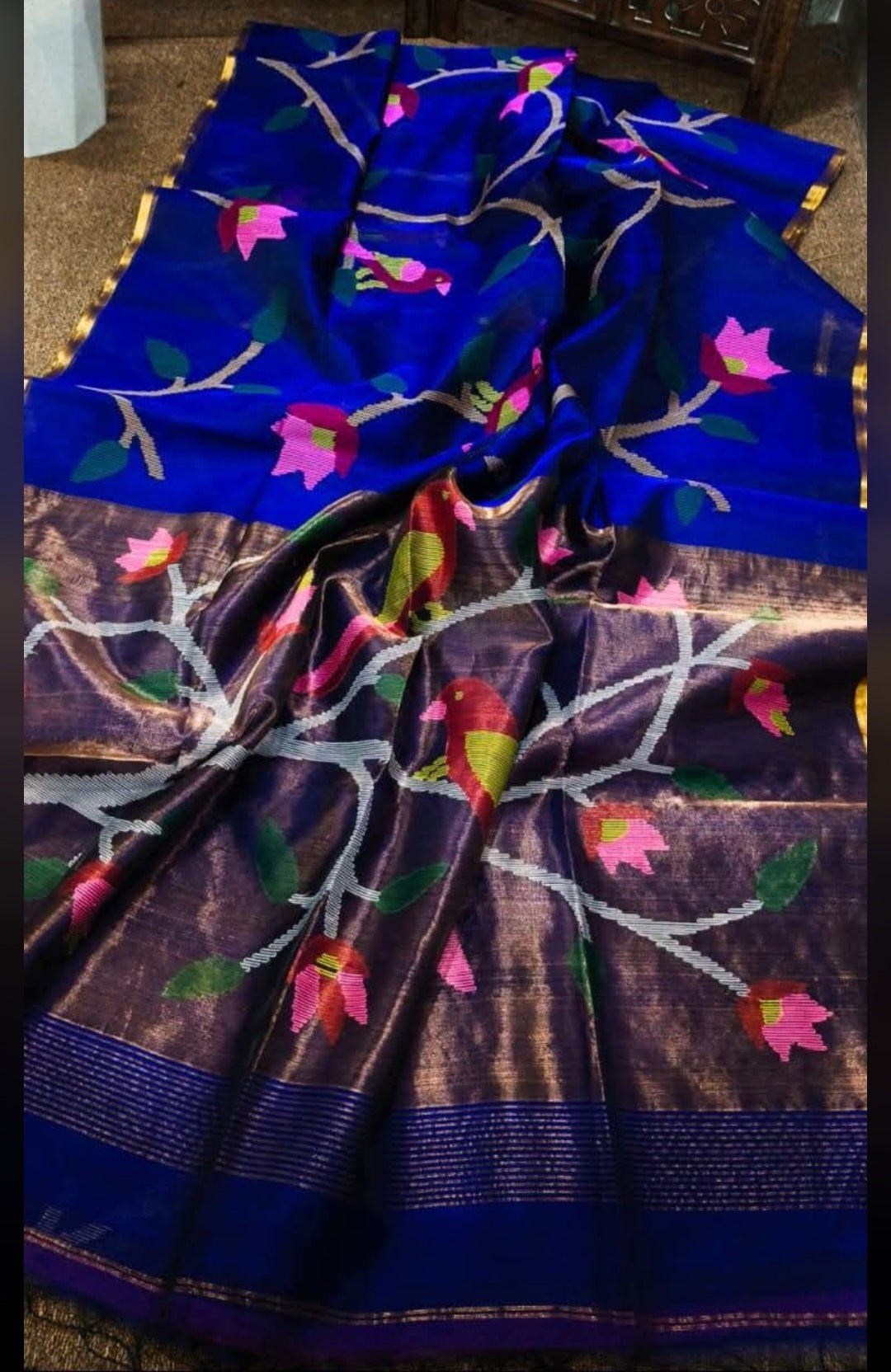 Cobalt blue handspun white resham paithni silk saree