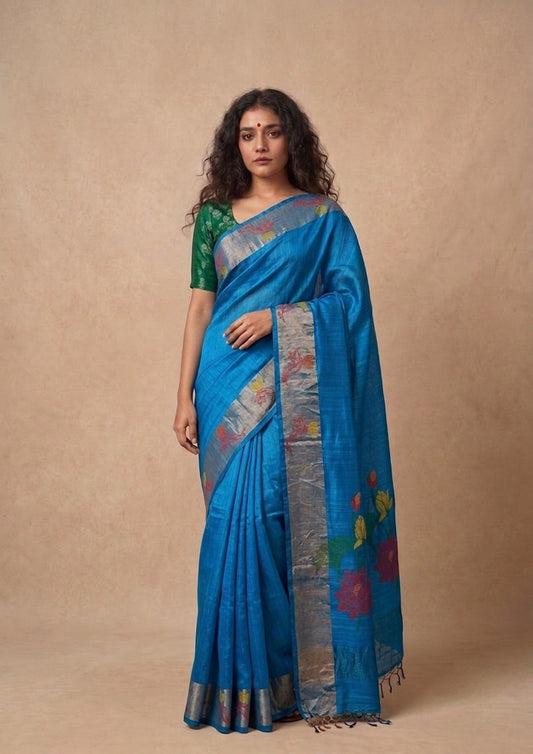 Turqoise blue tussar Jamdani saree