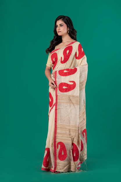 Embroidered gheecha red & white saree