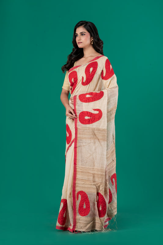 Embroidered gheecha red & white saree