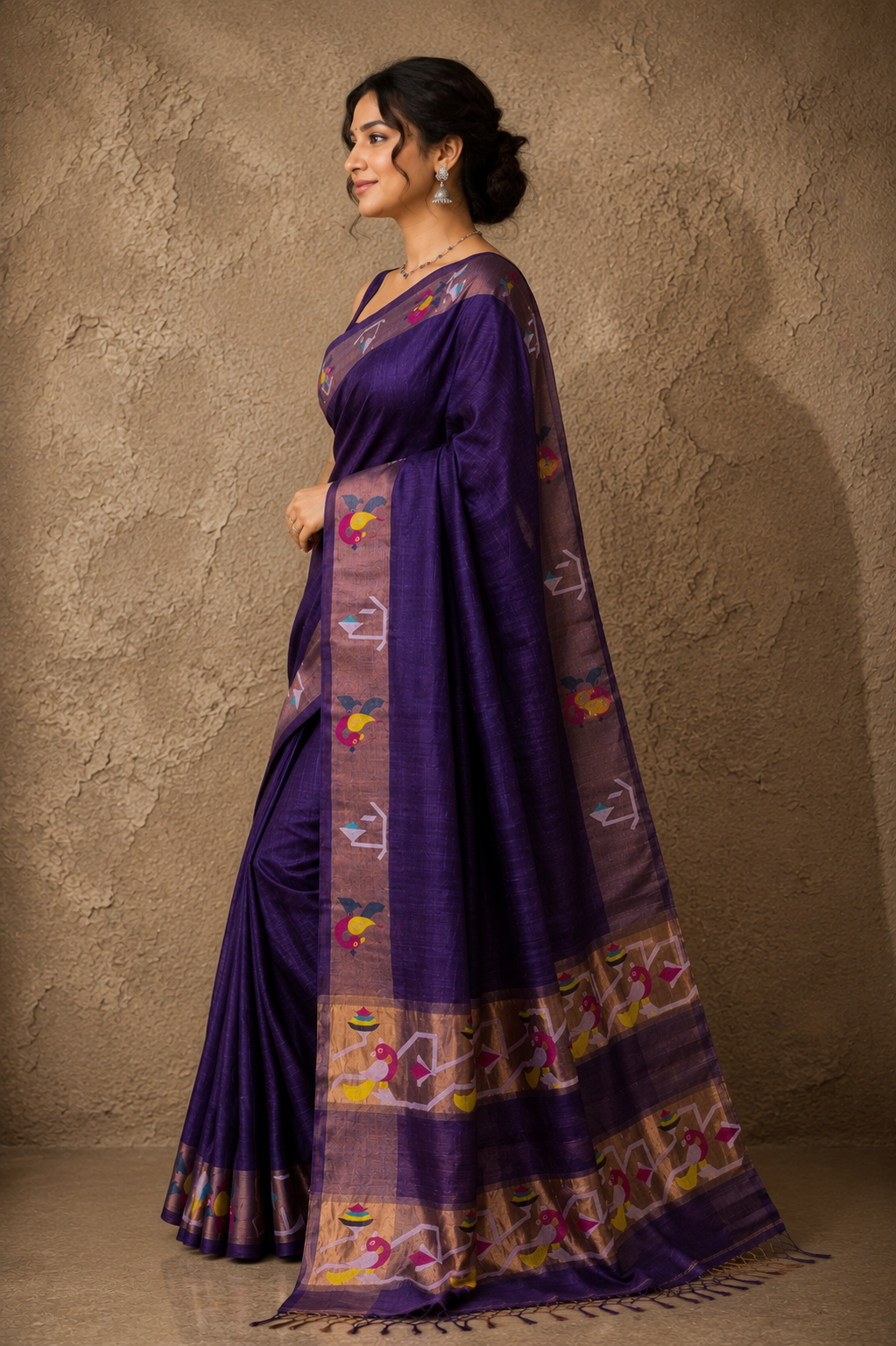 Deep purple tussar Jamdani saree