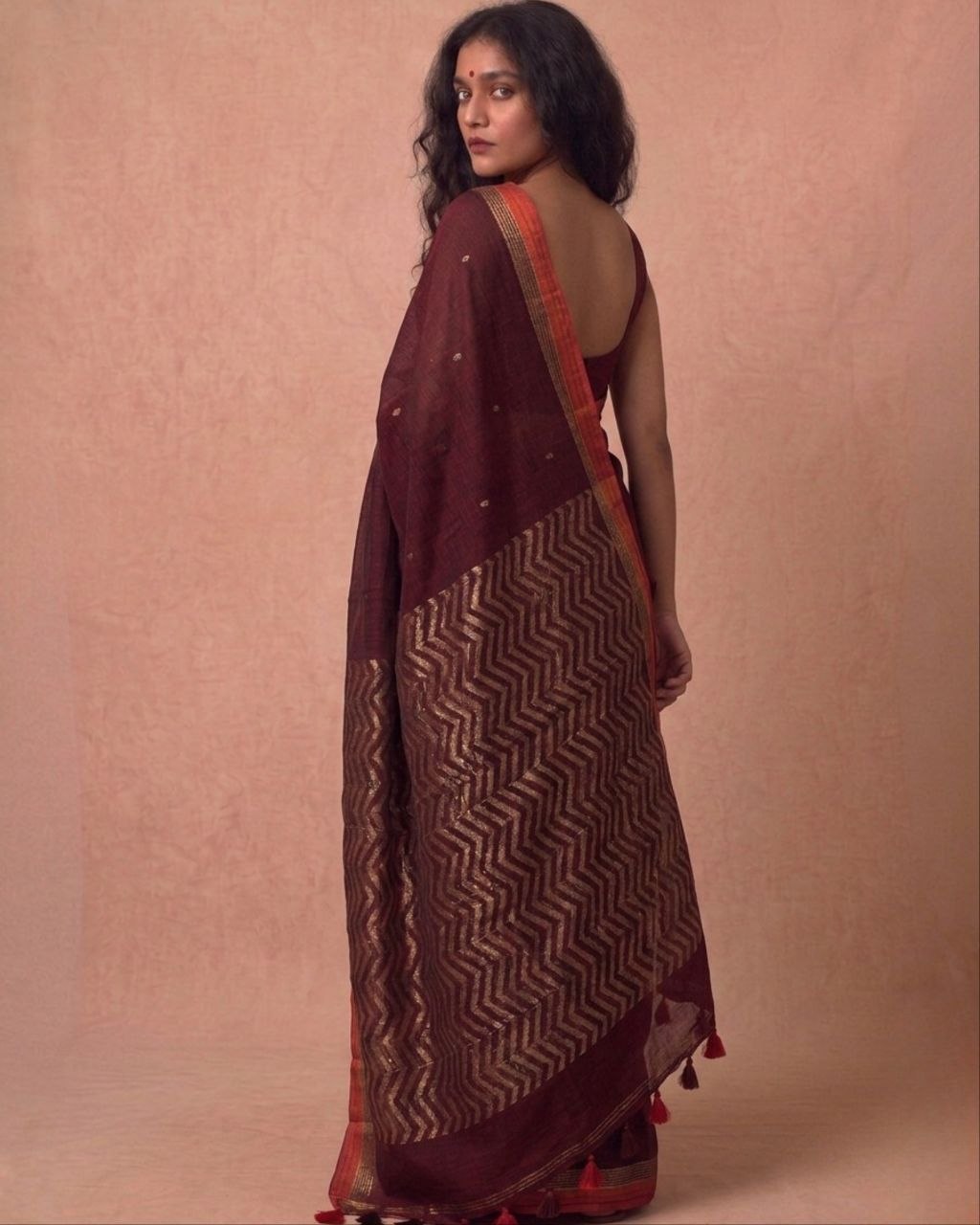 Dark maroon organic cotton linen saree