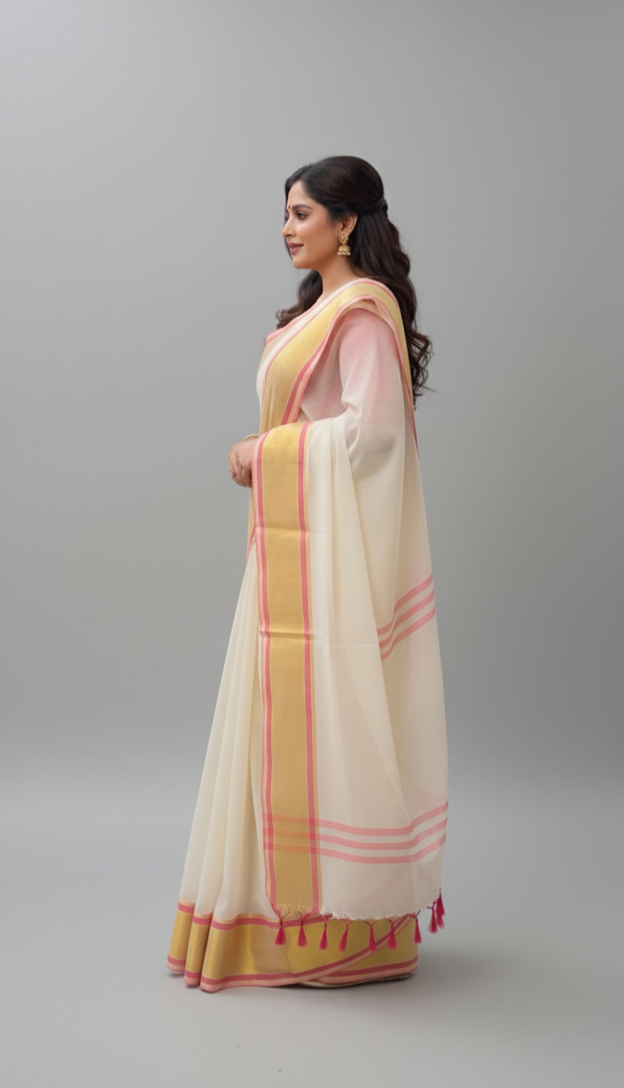 White mulmul cotton saree