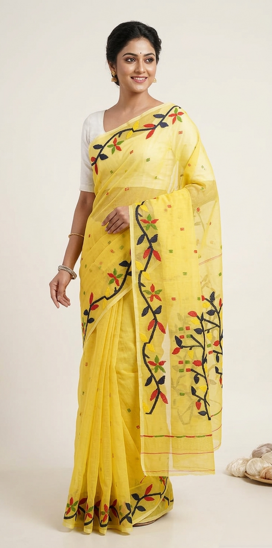 Light yellow jamdani woven resham Silk Saree