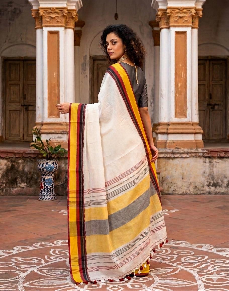 Yellow red border handspun cotton saree