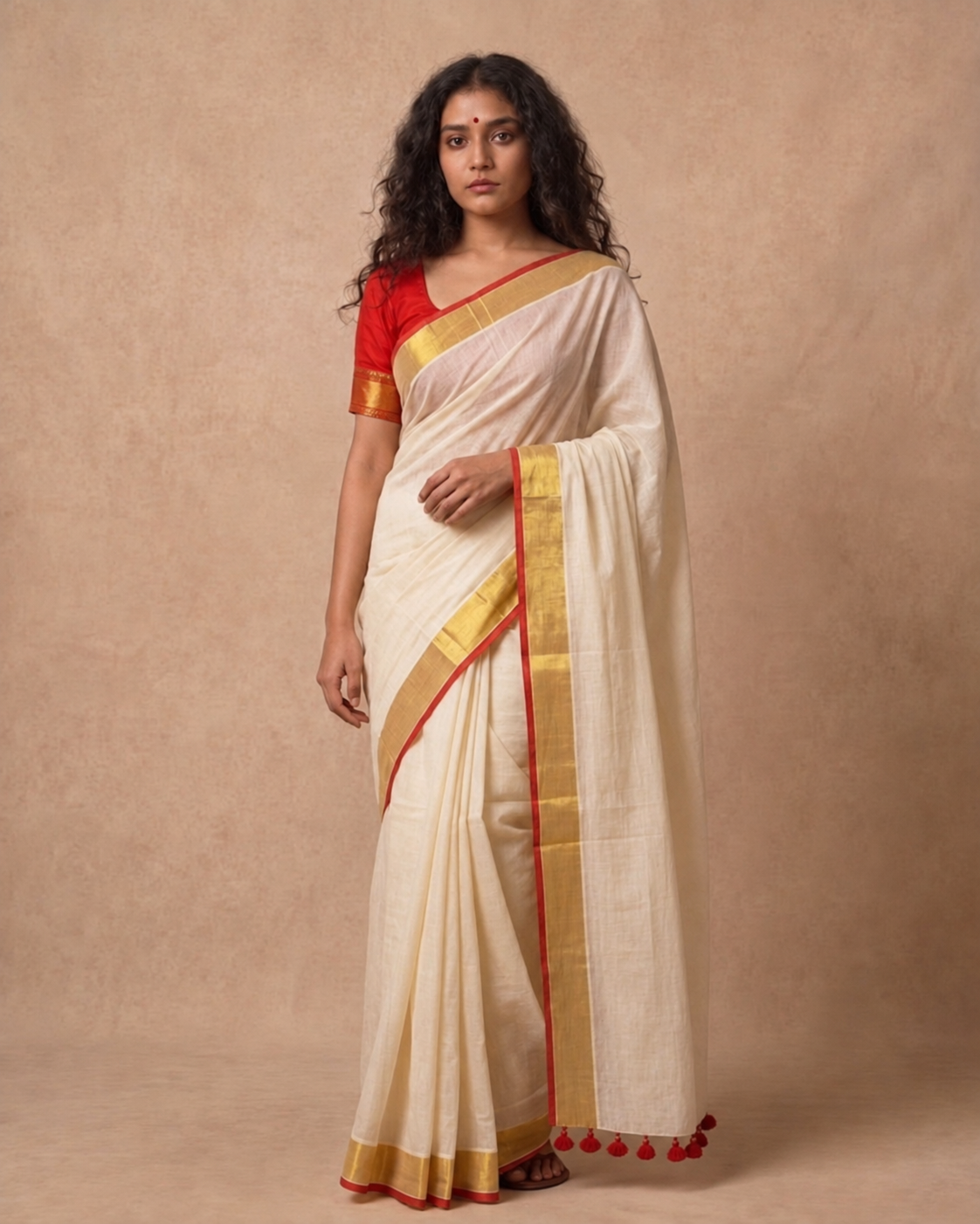 Off white mul cotton saree with red and golden kanchi border