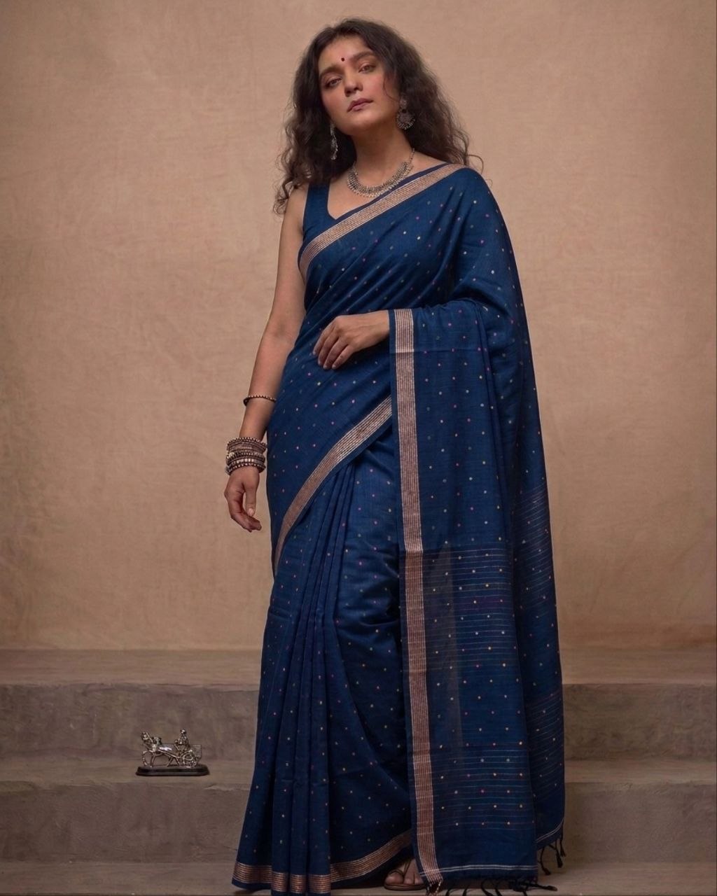 Indigo blue organic cotton linen saree