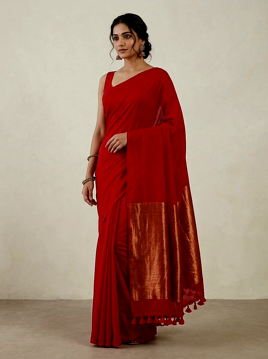 Bright red Mul Modal Saree with Rich Zari Pallu