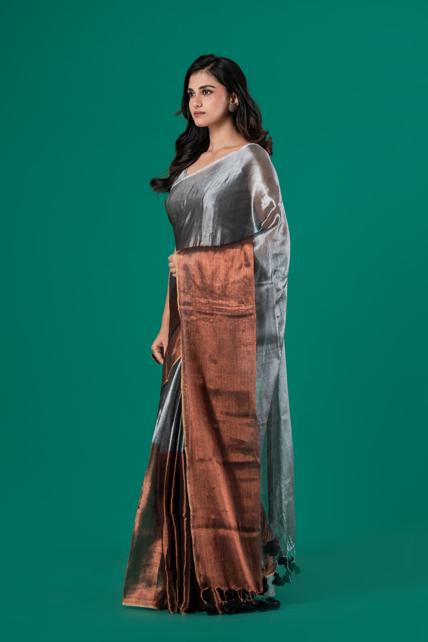 Silver & brown Metallic Cotton Tissue saree