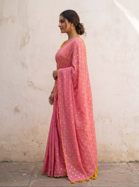Pink Scallop Border Mirror Work Saree