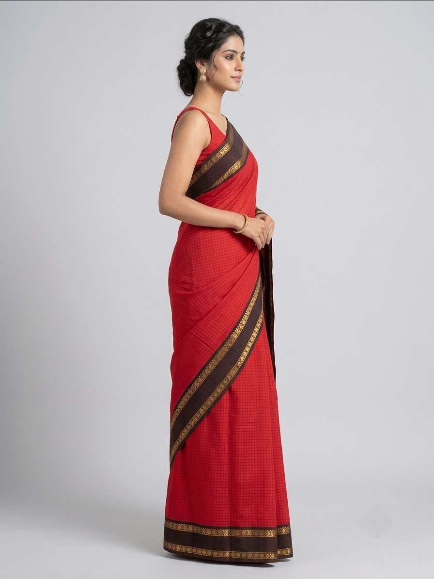 Classic red mul Cotton Saree with black zari Kanchi Border